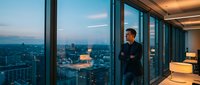 Successful businessman in suit standing by floor-to-ceiling windows overlooking city skyline at sunset from modern office building interior.