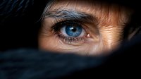 Intense close-up of bright blue human eye peering through dark fabric gap, showing deep emotion and mystery. Dramatic lighting highlights iris detail and eyelashes.