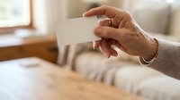 Senior woman with medium skin tone holding blank white card in living room, suitable for business card mockups, greeting card designs, and promotional materials.