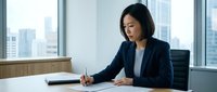 Asian female professional in dark blazer writing on document at modern office desk with city skyline view through windows, suitable for business and corporate concepts.