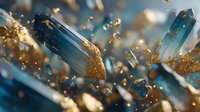 Blue crystal formations with golden glitter particles against blurred background, showcasing natural mineral structure in macro photography.