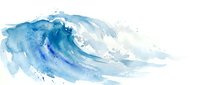 Watercolor ocean wave with blue tones and white foam splashes on transparent background, isolated for graphic design and artistic projects.