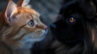 Orange tabby and black cats face to face in dramatic lighting, showcasing contrasting fur colors and intense eye contact between felines against dark background.