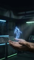 Futuristic holographic human figure floating above cupped hands in high-tech laboratory environment with glowing blue lights and advanced technology interfaces.