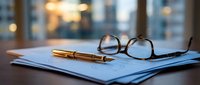 Business documents with elegant gold pen and reading glasses on wooden desk in modern office setting for professional presentations.