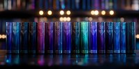 Illuminated row of blue and purple laboratory test tubes with glowing liquid chemicals against dark background, creating scientific research atmosphere.