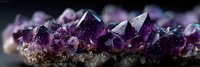 Vibrant purple amethyst crystal cluster with pointed formations on natural stone base, showcasing rich color variation and mineral texture in dark setting.