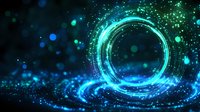 Glowing neon blue and turquoise circular light trail with sparkles and bokeh effects on dark background, futuristic energy ring design for technology concepts.