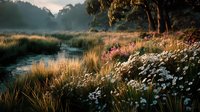 Tranquil countryside stream flowing through golden grassland with wildflowers blooming along banks during warm sunset light creating peaceful natural landscape.