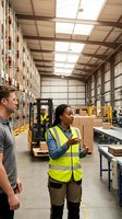 Warehouse workers discussing logistics in modern distribution center with high shelving and natural lighting for supply chain operations.