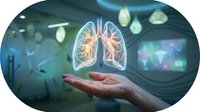 Digital holographic lungs floating above open palm in modern medical facility showcasing respiratory health technology and healthcare innovation concepts.