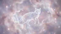 Mystical white fox spirit floating in dreamy purple cosmic clouds with sparkling stars and ethereal light effects creating magical fantasy atmosphere.