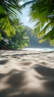 Sandy tropical beach with palm fronds overhead creating natural shade, ocean waves visible in background. Selective focus on textured sand creates dreamy vacation mood.