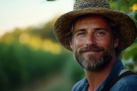Smiling mature Caucasian farmer with gray beard wearing straw hat against blurred green background during sunset. Natural lighting creates warm atmosphere.