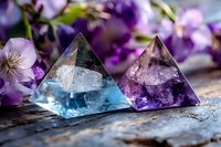 Crystal pyramids with blue and purple amethyst stones on rustic wooden surface against blurred floral background, creating mystical healing atmosphere.