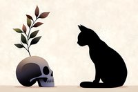 Black cat silhouette sitting next to skull with growing plant, symbolizing life and death contrast on textured beige background.