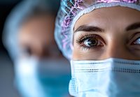 Female medical professional wearing surgical mask and cap with intense blue eyes and focused expression in hospital setting. Healthcare worker during procedure.