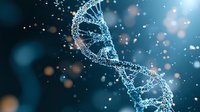 Glowing DNA helix structure with blue light effect and bokeh particles on dark background, scientific molecular genetics concept for medical research.