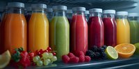 Colorful assortment of fresh fruit juices and smoothies in glass bottles on refrigerator shelf with corresponding fruits displayed in front.