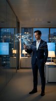 Professional businessman using smartphone with digital network connections in modern office at evening for technology and communication concepts.