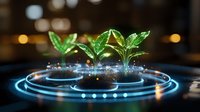 Young green sprouts emerging from soil with glowing blue circular light effects and sparkles against dark background, symbolizing growth and innovation in agriculture.
