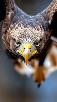 Close-up portrait of majestic eagle with intense yellow eyes and sharp curved beak in flight, showing detailed feathers and fierce predatory expression.