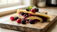 Delicious homemade crepes filled with mixed berry jam, topped with fresh raspberries and blackberries, dusted with powdered sugar on rustic wooden board.