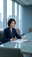 Professional Asian businesswoman in navy suit reviewing documents at modern office conference table with city skyline view through large windows.