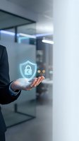 Businessman in dark suit holding glowing digital shield with euro currency symbol, representing financial security, data protection, and cybersecurity solutions for business use.