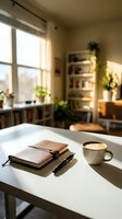 Workspace desk with leather notebook, pen, and cappuccino cup near sunny window, shelving with books and plants in background, warm natural light for office, creative work, productivity concepts.