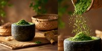 Green matcha tea powder falling into stone bowl on wooden surface with traditional bamboo whisk and woven containers, atmospheric food photography composition.