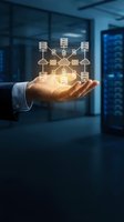 Businessman hand holding glowing cloud computing network diagram in modern data center office for digital transformation and IT infrastructure solutions.