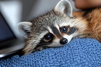 Curious young raccoon peeking over blue fabric with adorable expression, close-up portrait showing distinctive mask markings and alert eyes against blurred background.