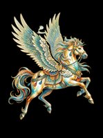 Ornate winged horse with golden and turquoise decorative armor, flowing mane and tail, isolated on transparent background. Ready for t-shirt design, clipart, stickers, sublimation and print-on-demand projects.