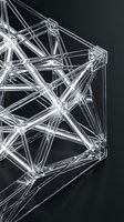 Abstract geometric crystal structure with interconnected transparent lines and nodes forming a complex lattice pattern against dark background. Suitable for technology, science, innovation, and corporate design projects.