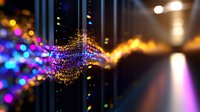 Glowing abstract light wave with colorful bokeh effect against dark background, flowing energy stream creates dynamic motion blur and sparkle pattern.