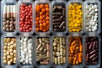 Colorful assortment of medical pills, tablets, and supplements in plastic organizer containers viewed from above showing variety of shapes and pharmaceutical colors.