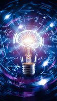 Glowing light bulb with brain filament surrounded by swirling mathematical formulas and equations on dark background representing innovation and scientific discovery.