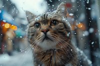 Curious cat watching snowfall through window with bokeh lights in background, close-up portrait showing bright eyes and whiskers during winter season.