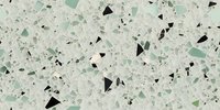 Modern terrazzo flooring pattern in mint green and black fragments on light gray background, seamless repeat design for interior decoration and architectural surfaces.