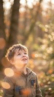 Young boy looking up with wonder in autumn forest with golden sunlight and bokeh lights creating magical atmosphere for childhood exploration concepts.