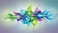 Abstract digital art with flowing curves and splashes in vibrant green, blue and purple colors on gradient background for modern graphic design projects.