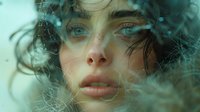 Young Caucasian woman with curly dark hair and full lips in dreamy turquoise atmosphere with floating particles creating ethereal, mystical mood. Artistic portrait.