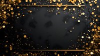 Elegant black background with scattered gold glitter confetti and thin gold frame, creating luxurious festive atmosphere for celebration designs.