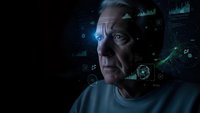 Senior Caucasian male scientist analyzing futuristic holographic data displays with glowing blue interface elements in high-tech laboratory environment.
