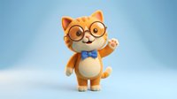 Cute orange tabby cat character wearing glasses and blue bow tie waving hello on gradient blue background for children books and educational materials.