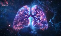 Cosmic lungs visualization with glowing bronchial tree structure in deep space, illuminated by pink and blue nebula lights against starry background.