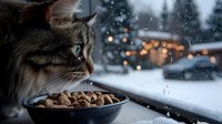 Gray cat looking through window at snowy winter scene with bokeh lights while food bowl sits nearby, creating cozy domestic atmosphere during snowfall.