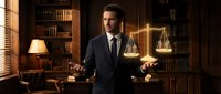Professional male lawyer in dark suit presenting balanced scales of justice in elegant law office with wooden bookshelves and warm lighting atmosphere.