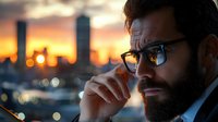 Thoughtful businessman with beard and glasses looking at urban sunset skyline, contemplating next career move against blurred city lights background.